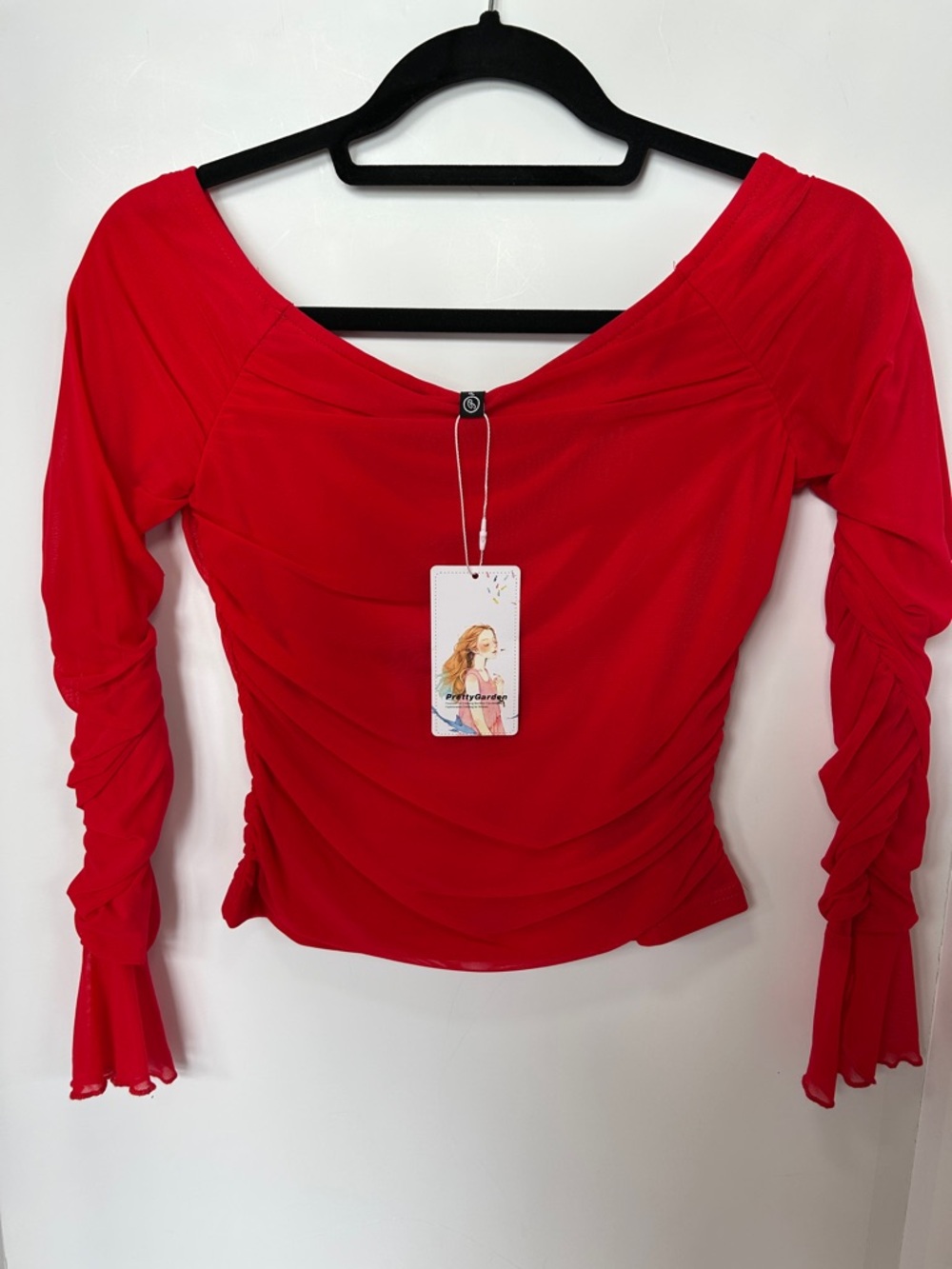 Pretty Garden Red Ruched Long-Sleeve Women's Top